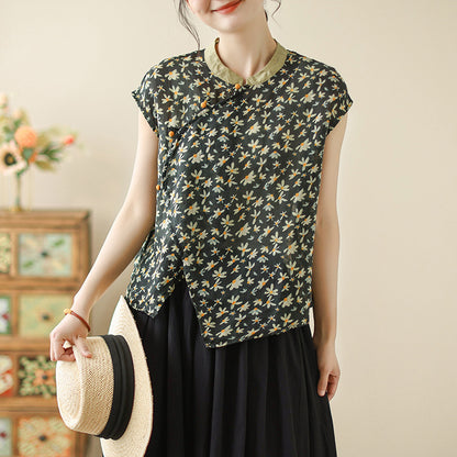 Cotton and linen new Chinese-style diagonal placket-button sleeveless shirt  summer national style printing retro literary temperament top women