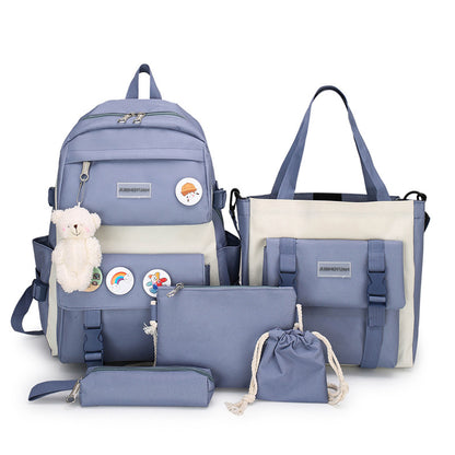 New Five-Piece Schoolbag Female Korean Primary School Student High School Student Large Capacity Fresh and Stylish Backpack