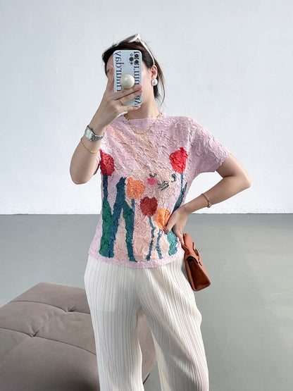 summer three-dimensional oil painting feeling flower high elastic scratch pleated anti-wrinkle short-sleeved crew neck T-shirt slim-fitting versatile top women