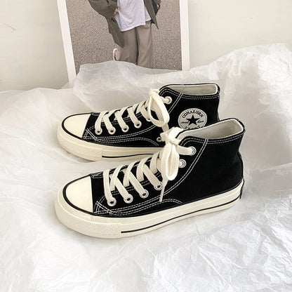 flowersverseSpring Wannian Versatile High-Top Canvas Shoes Women's Korean-Style Ulzzang Preppy Style Board Shoes Hong Kong Style Vintage Fashion Shoes