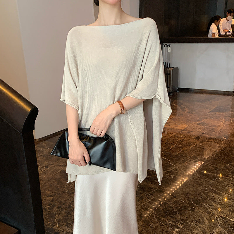 2025 spring loose meat cover long sleeve diagonal neck knitted sweater women's top oversize sunscreen blouse 25227