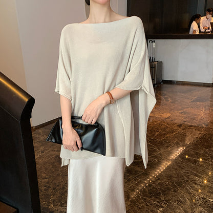 2025 spring loose meat cover long sleeve diagonal neck knitted sweater women's top oversize sunscreen blouse 25227