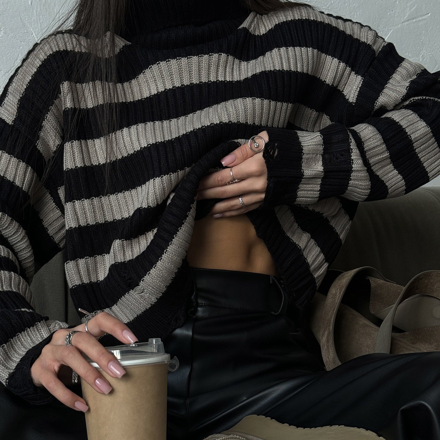 New autumn new product turtleneck striped sweater temperament round neck pullover n sweater women's new knitted women