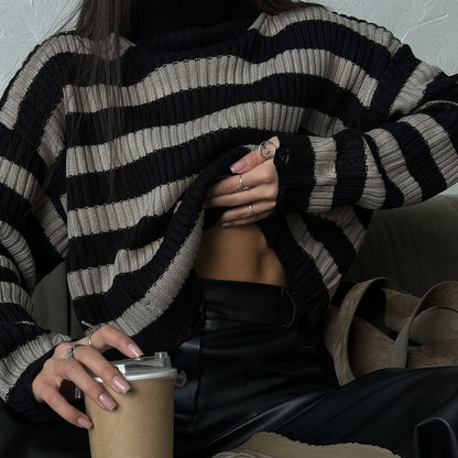 New autumn new product turtleneck striped sweater temperament round neck pullover n sweater women's new knitted women