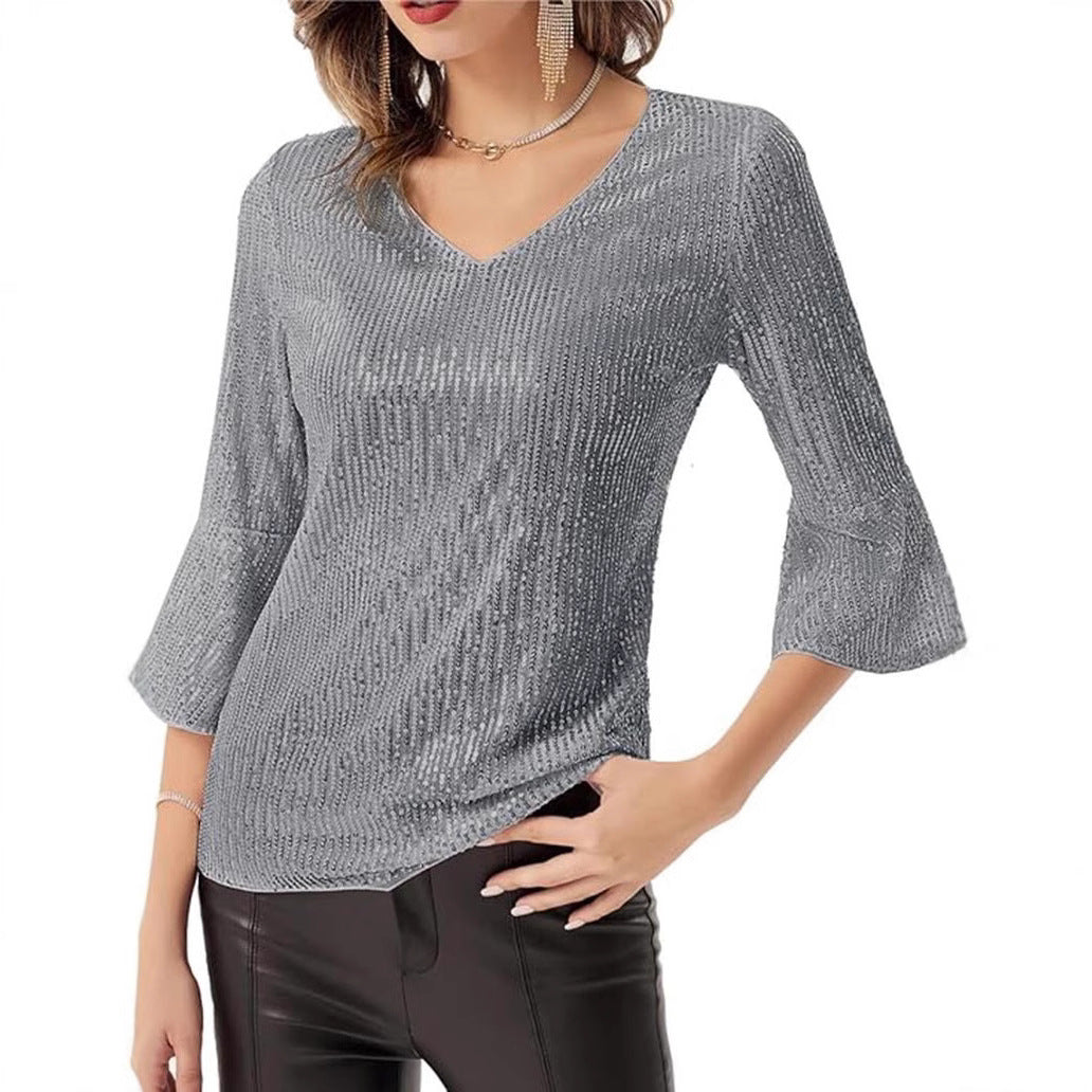 FLOWERSVERSE popular跨境货源外贸欧美女装 亚马逊新款纯色亮片宽松衬衫连衣裙