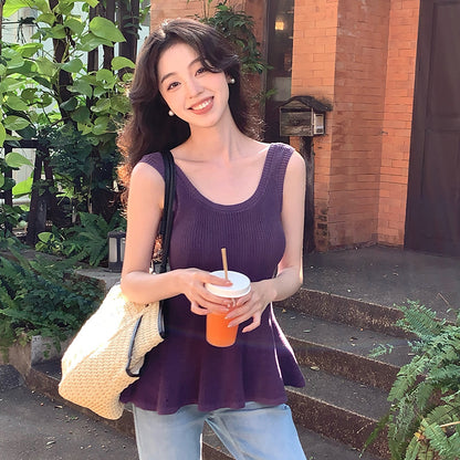 2025 spring and summer new thin temperament versatile solid color fishtail knitted suspender small vest women 25158