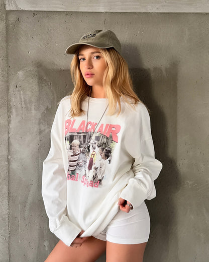 Cross-border  loose T-shirts customized women's outer wear spring long-sleeved round neck fashionable retro printed trendy top women