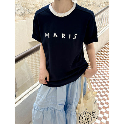 2025  Spring New Korean Version Front Shoulder Niche Design Contrasting Color Crew Neck Splicing Short Sleeve T-Shirt 80118