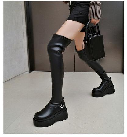2025  Height-increasing knee boots Women's elastic and thin thick-soled boots Sweet and cool big tube circumference Thick legs Fat MM tall tube