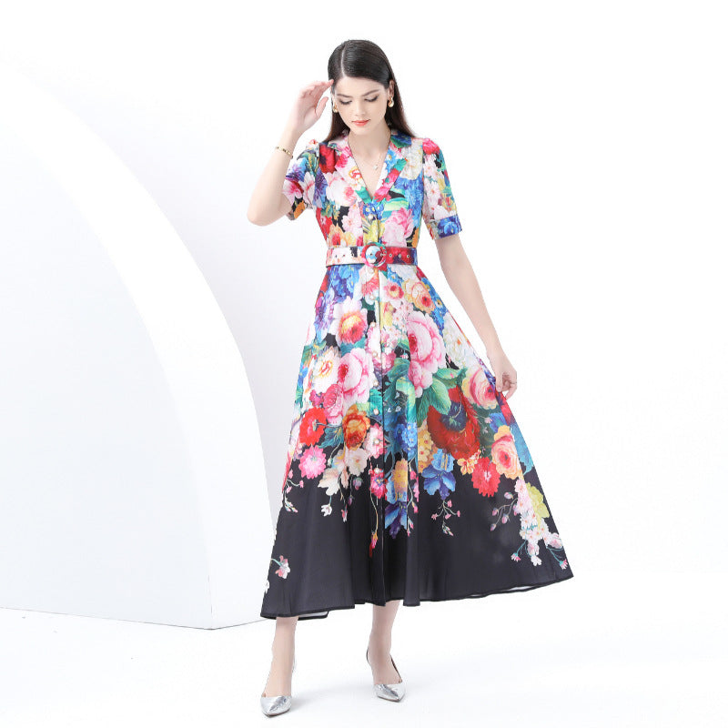 Holiday style dress  summer  retro suit collar single-breasted waist thin printed pendulum dress