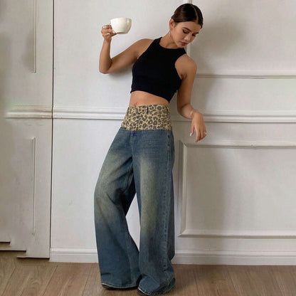 Tide splicing retro leopard print wide-leg pants jeans women's versatile niche 2025n old loose breathable straight-leg pants