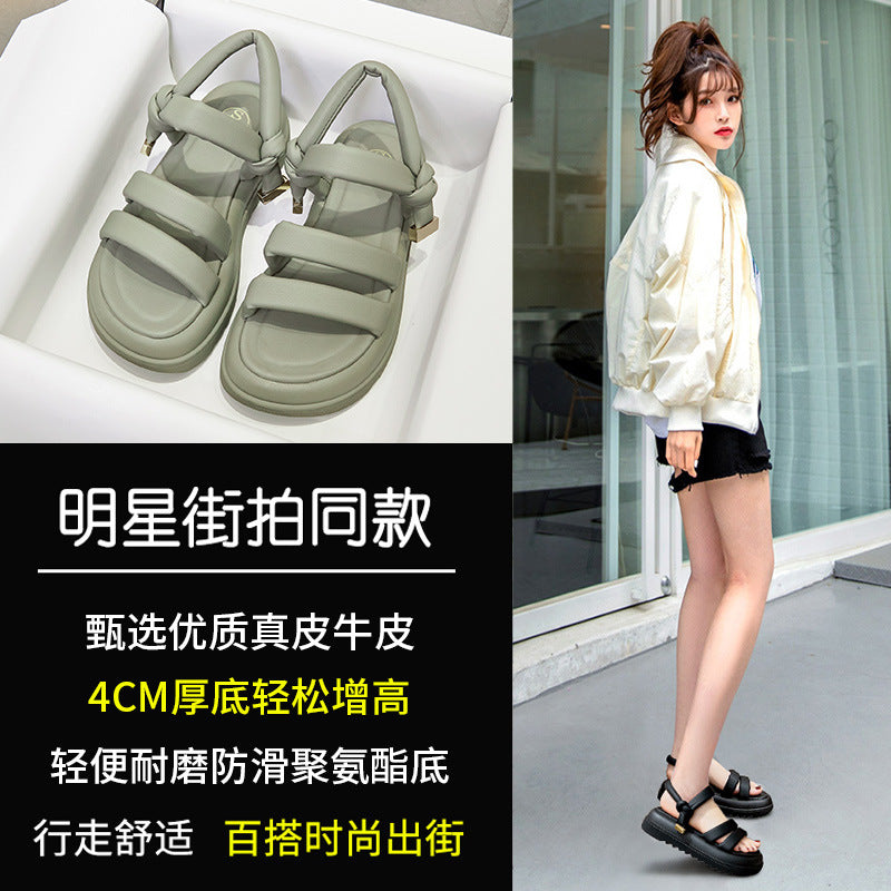 2025 Korean version of summer  new belt buckle retro open-toed sandals women wear versatile fashion platform women