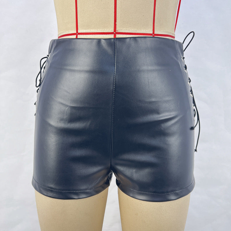 new  autumn and winter  black high-waisted elastic shorts women's tight casual pants imitation leather pants wholesale