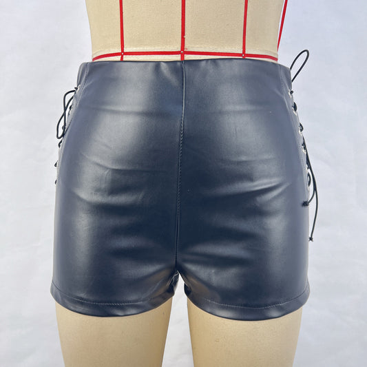 new  autumn and winter  black high-waisted elastic shorts women's tight casual pants imitation leather pants wholesale