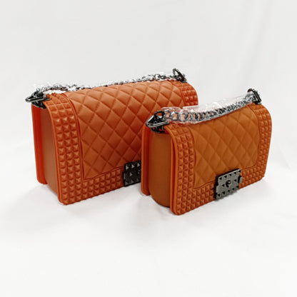 FLOWERSVERSE   New Ladies Fashionable Stylish Decorative Rivets One Shoulder Crossbody Gun Color Chain PVC Gel Bag