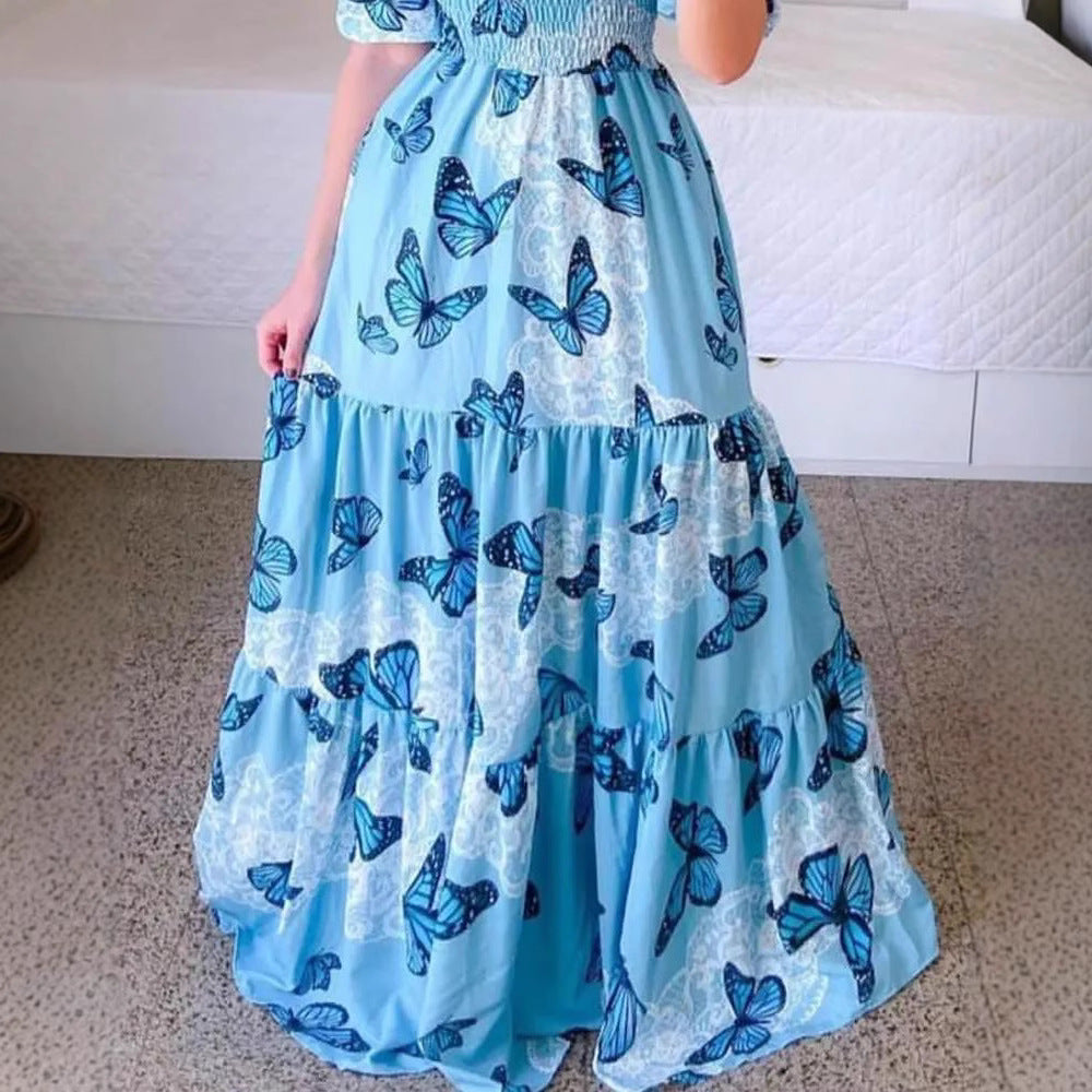 FLOWERSVERSE 20252025  new high-waisted temperament commuter chest-wrapped printing loose blue butterfly printing big pendulum dress