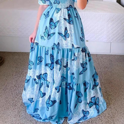 FLOWERSVERSE 20252025  new high-waisted temperament commuter chest-wrapped printing loose blue butterfly printing big pendulum dress