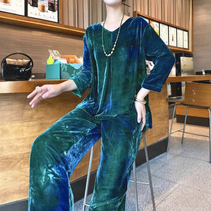 2025 Silk velvet hand-painted blue-green gradual change loose round neck T-shirt + drawstring elastic waist wide-leg pants casual suit