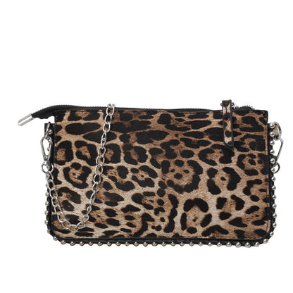 FLOWERSVERSE 2025 Cross-border new chain envelope bag, high-end niche design bead chain matte leopard print bag, messenger women's bag.