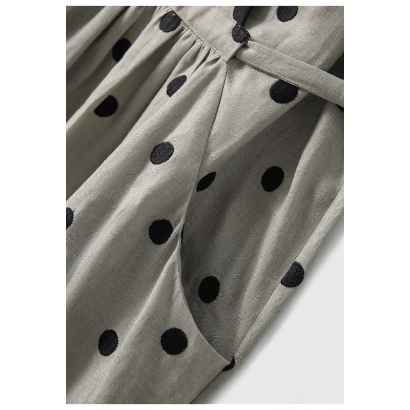 summer new art retro lightness medium and long V-neck lace-up waist polka dot cotton and linen dress, women