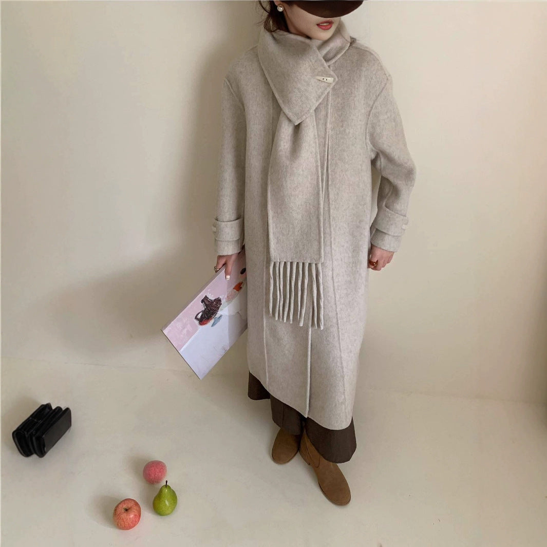 2025 Scarf collar, solid color horn buckle, one buckle, extended double-sided wool coat, woolen coat, women's warm autumn and winter