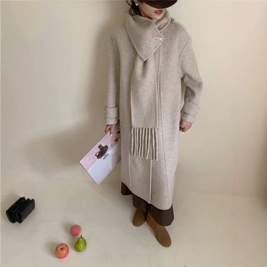 2025 Scarf collar, solid color horn buckle, one buckle, extended double-sided wool coat, woolen coat, women's warm autumn and winter