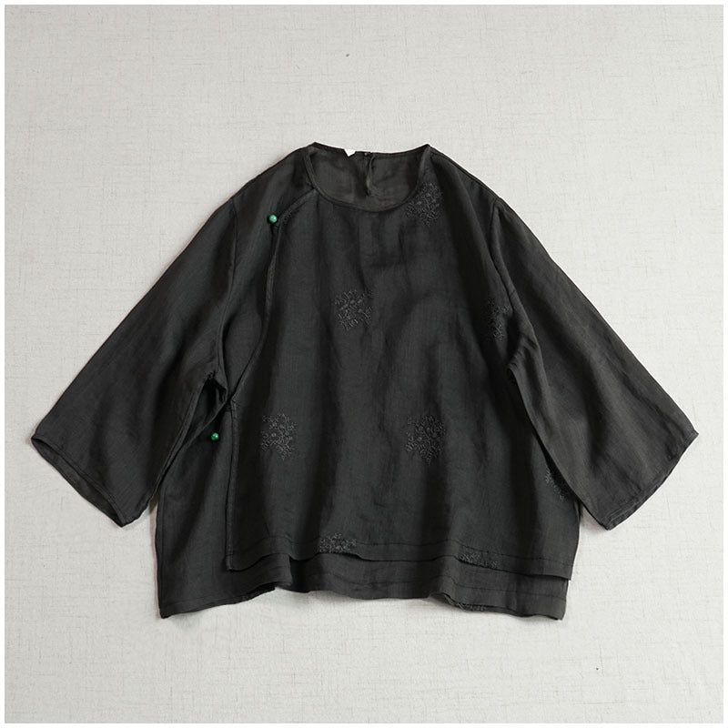popular round neck design sense, a diagonal button embroidered nine-quarter sleeve top, ramie loose and cool new Chinese shirt