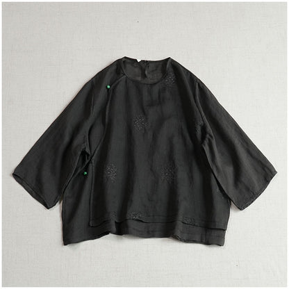 popular round neck design sense, a diagonal button embroidered nine-quarter sleeve top, ramie loose and cool new Chinese shirt