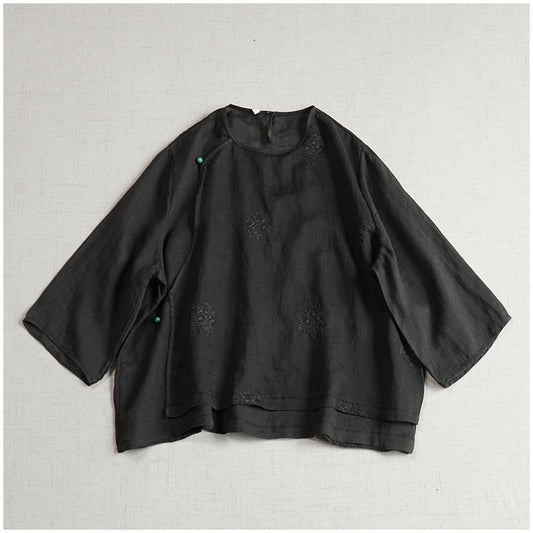 popular round neck design sense, a diagonal button embroidered nine-quarter sleeve top, ramie loose and cool new Chinese shirt