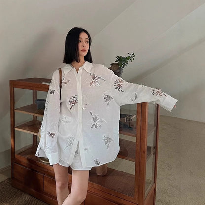 Siyuan I * C niche linen hand-embroidered hollow design long-sleeved shirt women's summer new loose top 7779