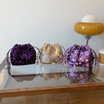 FLOWERSVERSE 2025 Sparkling large sequined pump belt bucket bag fashionable light luxury minimalist dinner bag Popular style chain shoulder messenger bag