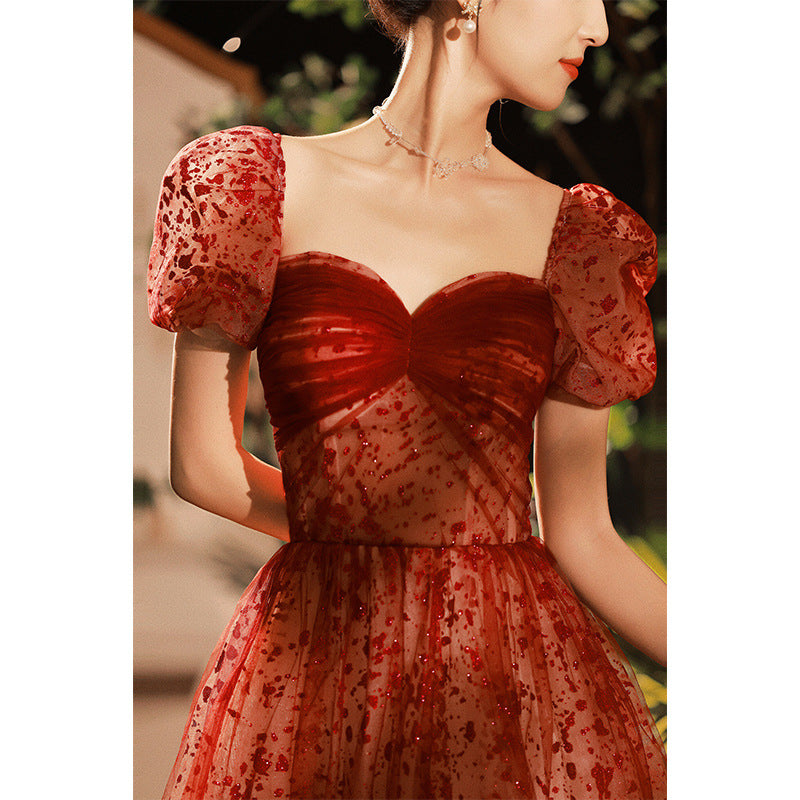 Princess on the Run Toast Bride Female Spring Cross-border Temperament Burgundy Hepburn Style Engagement  Dress