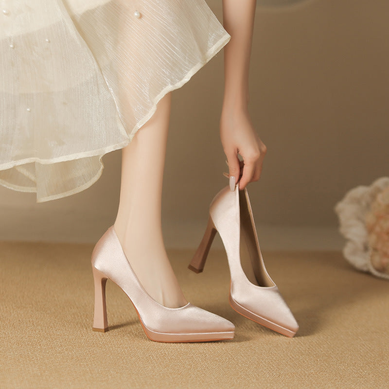 2025 105-3 temperament satin suede high heels are not tired feet pointed thin heels super high heels sexy waterproof table shoes