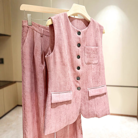 2025 Pink linen fashion Popularan goods  spring and summer suit vest vest wide leg pants temperament commuter two-piece trousers