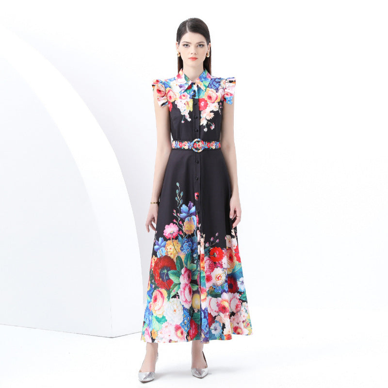 spring new retro court style small flying sleeves waist lapel single-breasted cardigan printed long dress