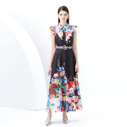 spring new retro court style small flying sleeves waist lapel single-breasted cardigan printed long dress