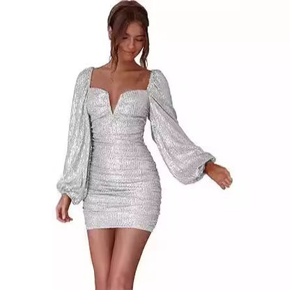 FLOWERSVERSE 2025New New Sequin Mini Wrap Dress Women's V-Neck Long Sleeve Bubble Sleeve Glitter Wrap Party Dress