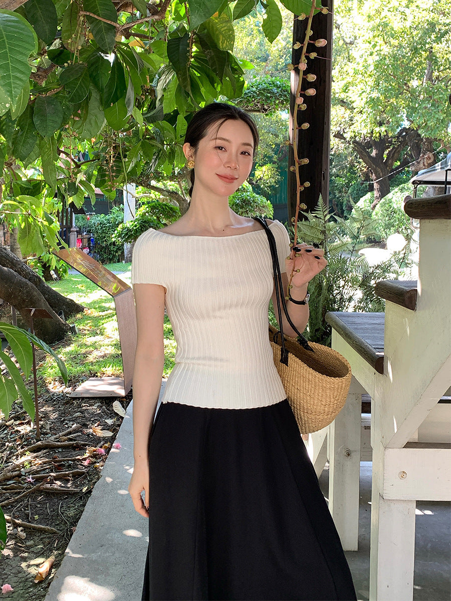 2025 Spring and Summer New Versatile One-Word Neck Slim-fit Bottom Knitted Sweater Short Sleeve T-Shirt Women's Top 25217