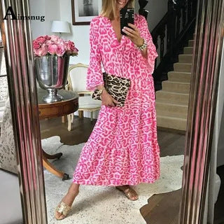 FLOWERSVERSE 2025New Spring Women's Long Sleeve Dress Leopard Print Girdle Casual Loose V-Neck Autumn Elegant Dress Group