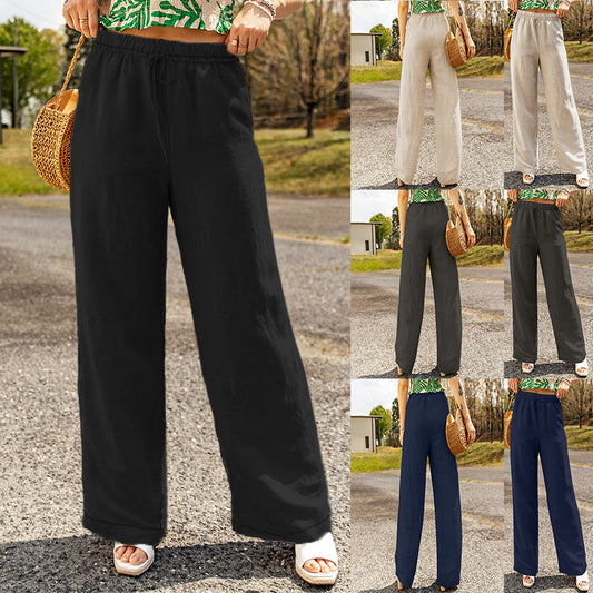 flowersverse Spring and Summer New HOT and NEW Cross Border  Wish Casual Women's Clothing Pocket Wide Leg Cotton Linen Loose Trousers for Women