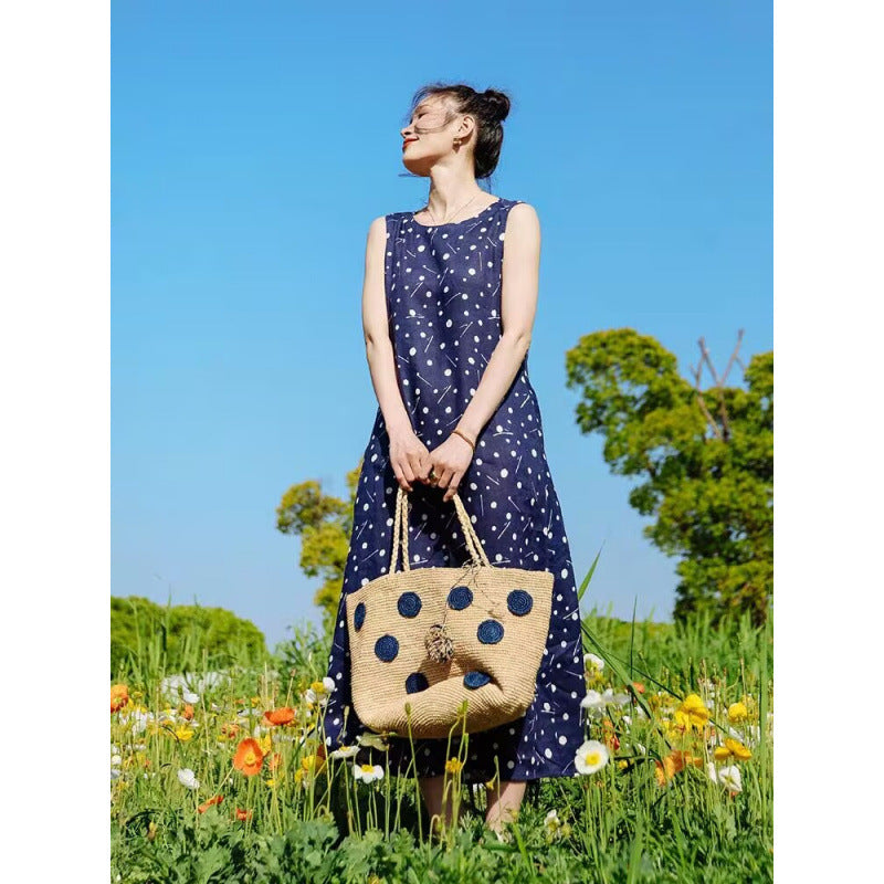 Printed sleeveless vest long dress  summer new literary and retro floral loose round neck medium and long dress