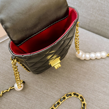 FLOWERSVERSE  Pearl Chain Diamond Check Bag Female  New Women's Chic Bag Crossbody Bag Classic Style Mobile Phone Bag Factory Customization