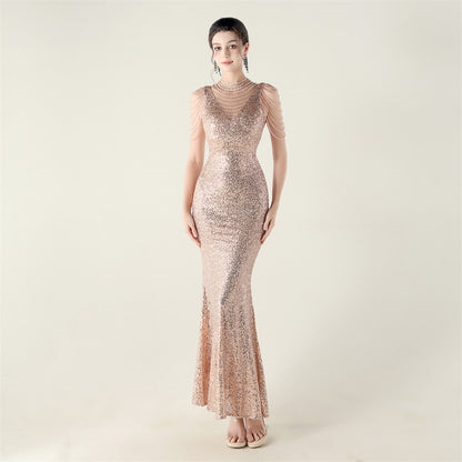 33553 # new turtleneck fishtail evening dress, beaded embroidered sequined crystal diamond decoration, red carpet wedding banquet dress