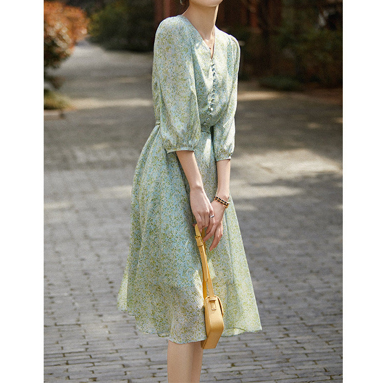 2025 Silk dress, refreshing lantern sleeves, high-end mulberry silk skirt  summer women's clothing new medium and long models