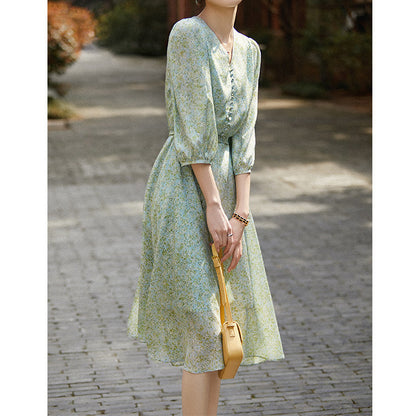 2025 Silk dress, refreshing lantern sleeves, high-end mulberry silk skirt  summer women's clothing new medium and long models