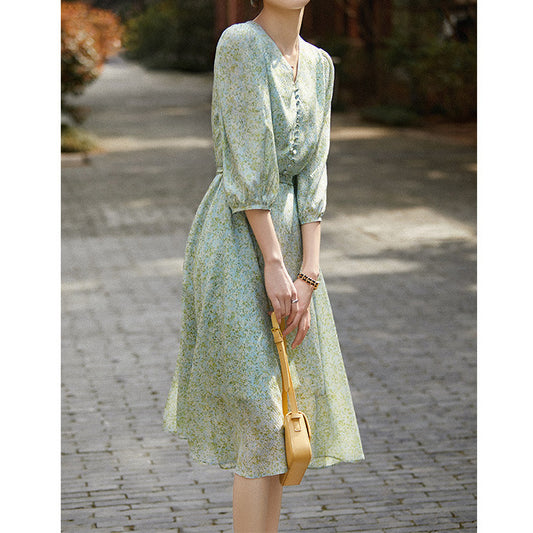 2025 Silk dress, refreshing lantern sleeves, high-end mulberry silk skirt  summer women's clothing new medium and long models
