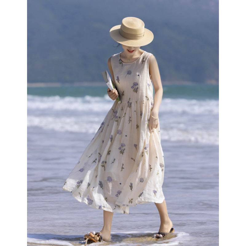 summer new full-length heavy industry embroidery waist thin white fairy robe dress vest skirt length