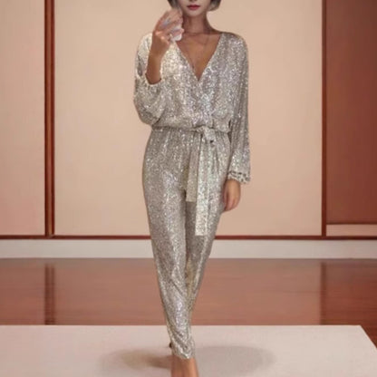 FLOWERSVERSE 2025 women's New express buy 2025 new solid color fashion V-neck long-sleeved shiny bead waist jumpsuit