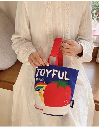 FLOWERSVERSE  New Cartoon Canvas Bag Bucket Bag Printed Cute Small Handbag Contrast Color Bento out Rabbit Small Carrying Bag