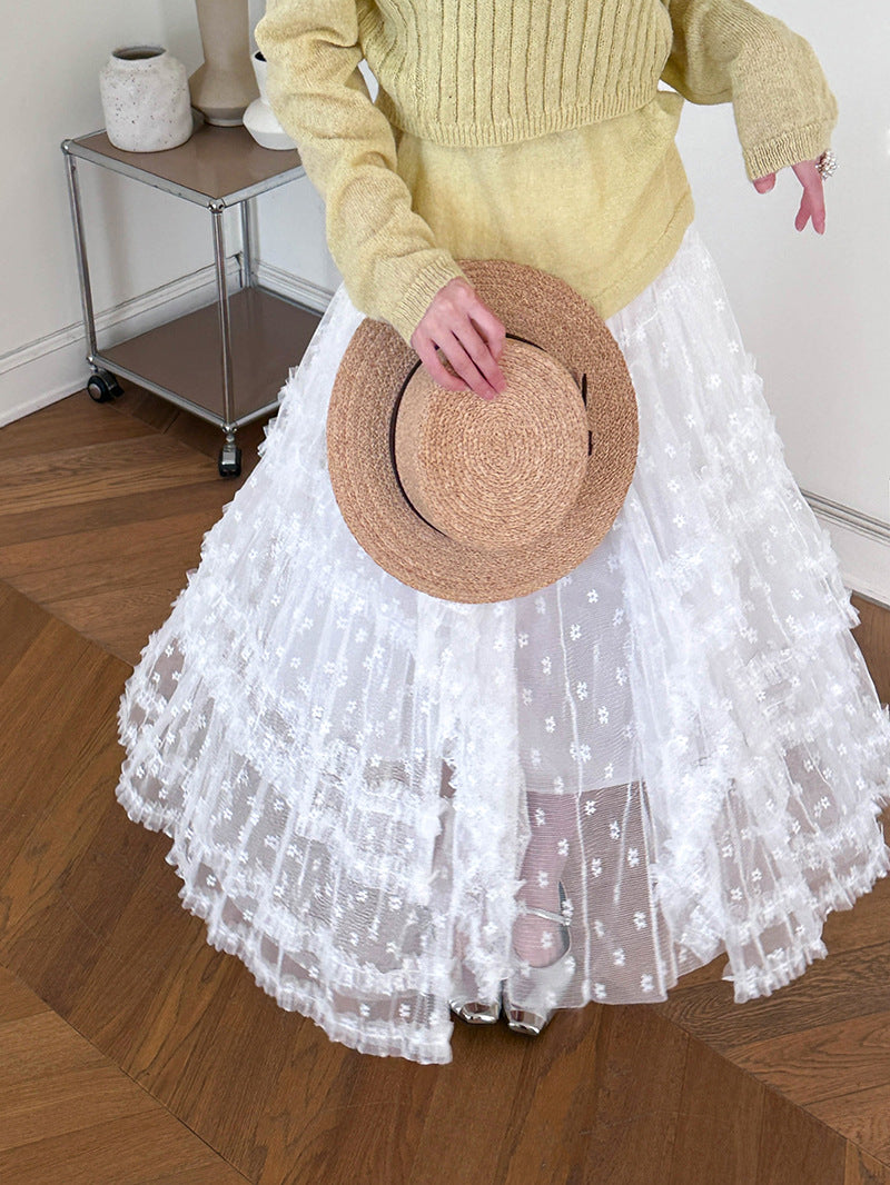 2025  Spring New Korean Version Sweet Lace Princess Fluffy Gauze Skirt Lace A-word Lace Cake Skirt 811-1